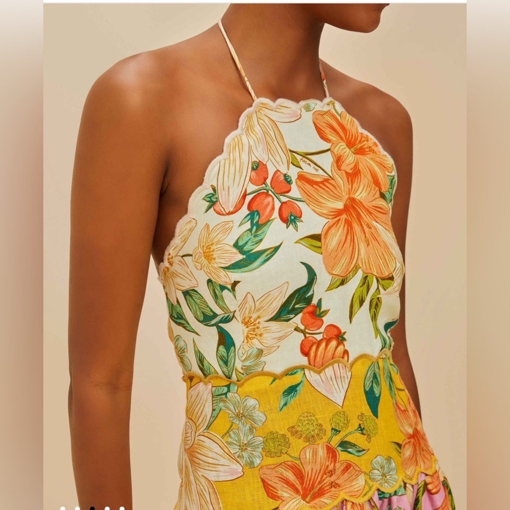 Farm Rio Guaragarden Euroflax Linen Midi Dress Yellow Pink XL NWT - Picture 12 of 13